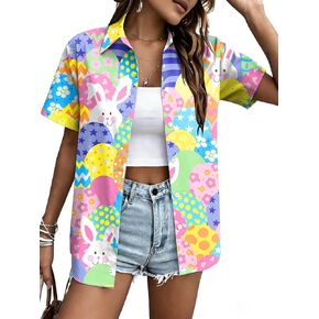 Easter Shirts for Women Cute Bunny Rabbit Graphic Button Down Blouses Happy Easter Short Sleeve Shirt in Kuwait