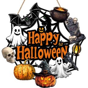 ديكور باب الهالوين إكليل شبح خشبي للباب الأمامي علامة اليقطين الخفافيش الساحرة إكليل معلق لديكور جدار المنزل حفلة الهالوين العرض الداخلي الخارجي in Kuwait