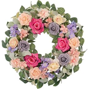 wwnira 22 بوصة إكليل الربيع والصيف للباب الأمامي، أرجواني ورمادي شامبانيا الورود مع الدالياس الوردي، الكوبية، الزهور البرية الأرجواني، أوراق الأوكالبتوس الأذن الخروف لشرفة الجدار نافذة ديكور المنزل in Kuwait