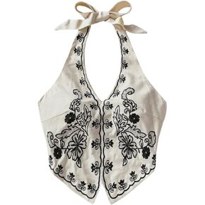 OYOANGLE Women's Floral Boho Summer Halter Crop Tops Embroidery Vacation Tank Top Tie Backless Vintage Going Out Tops in Kuwait