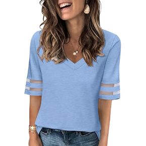 Women's V Neck T Shirts Mesh Panel Short Sleeve Tops Casual Summer Tees in Kuwait