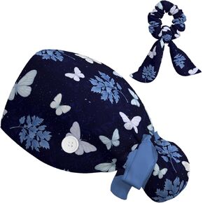 Scrub Caps Women Ponytail, Adjustable Surgical Caps with Buttons and Sweatband, Bouffant Hat with Hair Scrunchy, Nurse Hat, Working Cap, Butterflies Navy Blue Leaves Spring Vintage Retro Summer Dreamy in Saudi Arabia