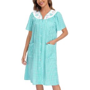 YOZLY Cotton House Dresses for Women Embroidered Nightgowns Housecoat Short Sleeve Duster Robe with Front Pockets S-3XL in Kuwait