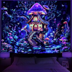 Serborlur Blacklight الفطر نسيج الأشعة فوق البنفسجية رد الفعل الخيال شجرة الغابات الجدار شنقا النيون الزهور النباتية المفروشات المناظر الطبيعية السحرية توهج في الظلام خلفية نسيج لغرفة النوم in Kuwait