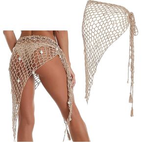 أغطية سارونج للنساء، تنورة حورية البحر مع تفاصيل كروشيه، لفافة شاطئ خفيفة الوزن من شبكة صيد السمك لملابس السباحة، إكسسوار صيفي بنمط بوهو، قطعة واحدة in Kuwait