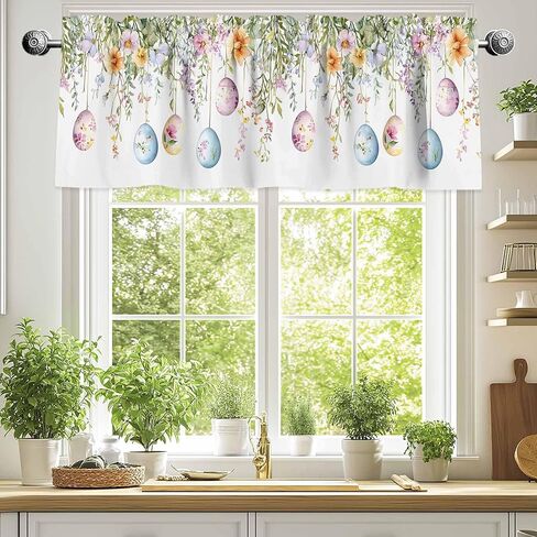 Easter Eggs Valance for Windows Colorful Spring Floral Eucalyptus Leaves Privacy Rod Pocket Window Treatment Valance Farmhouse Decorative Short Curtain Valances for Kitchen/Living Room/Bedroom 54x18in in Kuwait
