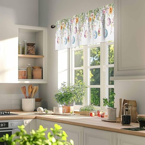 Easter Eggs Valance for Windows Colorful Spring Floral Eucalyptus Leaves Privacy Rod Pocket Window Treatment Valance Farmhouse Decorative Short Curtain Valances for Kitchen/Living Room/Bedroom 54x18in in Kuwait