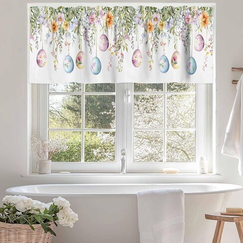 Easter Eggs Valance for Windows Colorful Spring Floral Eucalyptus Leaves Privacy Rod Pocket Window Treatment Valance Farmhouse Decorative Short Curtain Valances for Kitchen/Living Room/Bedroom 54x18in in Kuwait