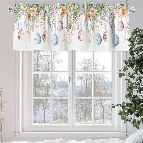 Easter Eggs Valance for Windows Colorful Spring Floral Eucalyptus Leaves Privacy Rod Pocket Window Treatment Valance Farmhouse Decorative Short Curtain Valances for Kitchen/Living Room/Bedroom 54x18in in Kuwait