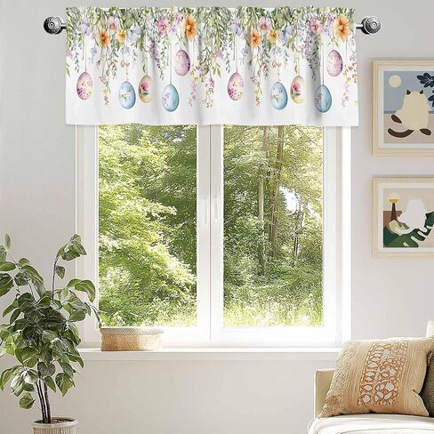 Easter Eggs Valance for Windows Colorful Spring Floral Eucalyptus Leaves Privacy Rod Pocket Window Treatment Valance Farmhouse Decorative Short Curtain Valances for Kitchen/Living Room/Bedroom 54x18in in Kuwait