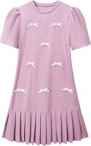 OYOANGLE Girl's Bow Short Puff Sleeve Casual Short Dress Pleated A Line Cute Summer Dress in Saudi Arabia