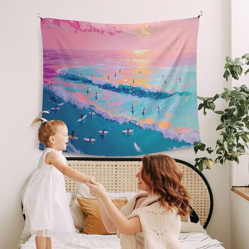 WAITPI Beach Coastal Summer Hanging Wall Tapestry for Girly Room Bedroom, Pink Blue Sea Ocean Tapestries, Beachy Preppy Trendy Wall Hanging Decor Tapestry for Teen Girls Living Room Dorm 50x60in in Kuwait