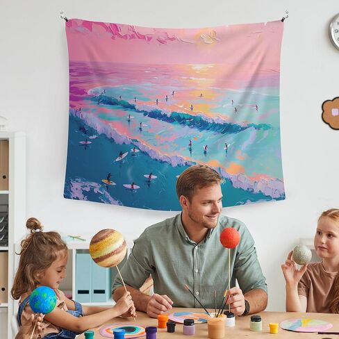 WAITPI Beach Coastal Summer Hanging Wall Tapestry for Girly Room Bedroom, Pink Blue Sea Ocean Tapestries, Beachy Preppy Trendy Wall Hanging Decor Tapestry for Teen Girls Living Room Dorm 50x60in in Kuwait