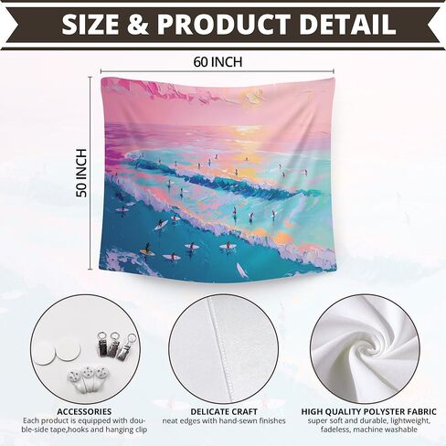 WAITPI Beach Coastal Summer Hanging Wall Tapestry for Girly Room Bedroom, Pink Blue Sea Ocean Tapestries, Beachy Preppy Trendy Wall Hanging Decor Tapestry for Teen Girls Living Room Dorm 50x60in in Kuwait