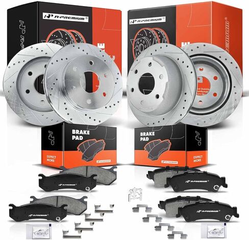 A-Premium Front & Rear Drilled and Slotted Disc Brake Rotors + Ceramic Pads Kit Compatible with Select Chevrolet and GMC Models - Tahoe, Silverado 1500, Sierra 1500, Yukon, Astro, Safari, 12-PC Set in Saudi Arabia
