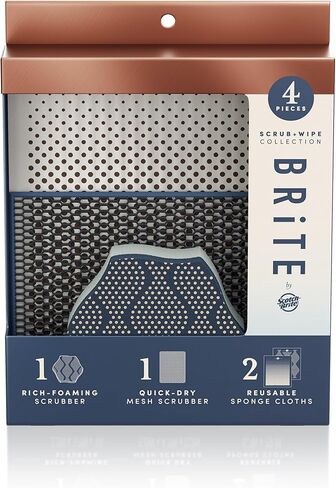 Brite by Scotch-Brite Scrub and Wipe Collection with 1 Rich-Foaming Dish Scrubber, 1 Quick-Dry Mesh Scrubber, and 2 Reusable Sponge Cloths in Kuwait