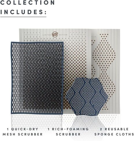 Brite by Scotch-Brite Scrub and Wipe Collection with 1 Rich-Foaming Dish Scrubber, 1 Quick-Dry Mesh Scrubber, and 2 Reusable Sponge Cloths in Kuwait