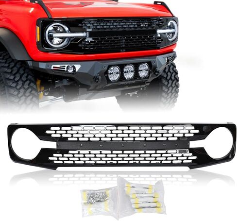 PENSUN Front Grille Fit For 2021-2023 Ford Bronco Grill Gloss Black W/Letters Bumper Mesh in Saudi Arabia