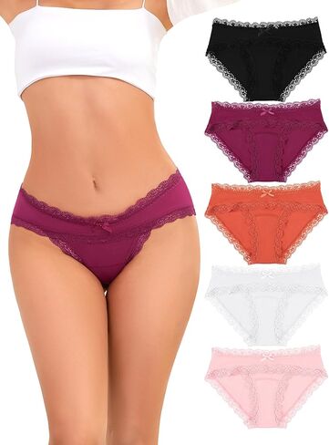 voenxe Women Underwear,Cotton Blend Bikini,Ladies Lace Briefs,Soft Panties,Breathable Comfortable Stretch Hipster 5 Pack in Kuwait