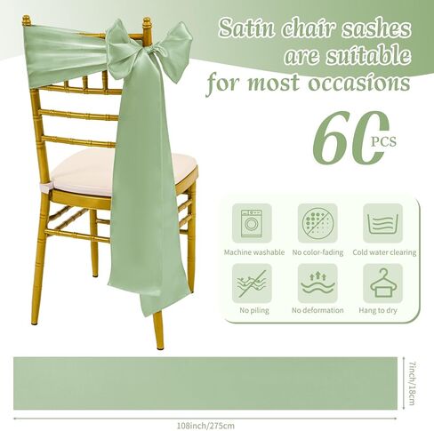 60 PCS Sage Green Satin Chair Sashes, Ties Bows Designed Sashes for Washable Reusable Chair Covers Supplies for Wedding Reception Events Banquets Party Hotel Event Aisle Decorations (7 x 108 inch) in Kuwait