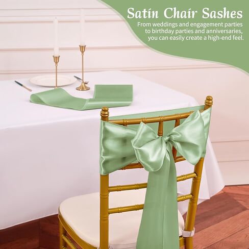 60 PCS Sage Green Satin Chair Sashes, Ties Bows Designed Sashes for Washable Reusable Chair Covers Supplies for Wedding Reception Events Banquets Party Hotel Event Aisle Decorations (7 x 108 inch) in Kuwait