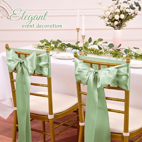 60 PCS Sage Green Satin Chair Sashes, Ties Bows Designed Sashes for Washable Reusable Chair Covers Supplies for Wedding Reception Events Banquets Party Hotel Event Aisle Decorations (7 x 108 inch) in Kuwait