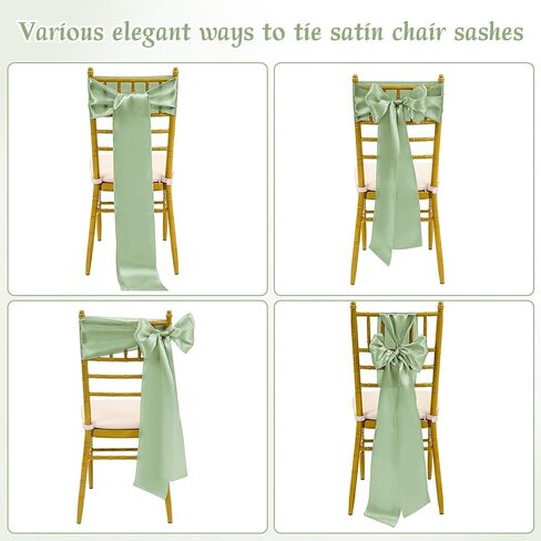 60 PCS Sage Green Satin Chair Sashes, Ties Bows Designed Sashes for Washable Reusable Chair Covers Supplies for Wedding Reception Events Banquets Party Hotel Event Aisle Decorations (7 x 108 inch) in Kuwait