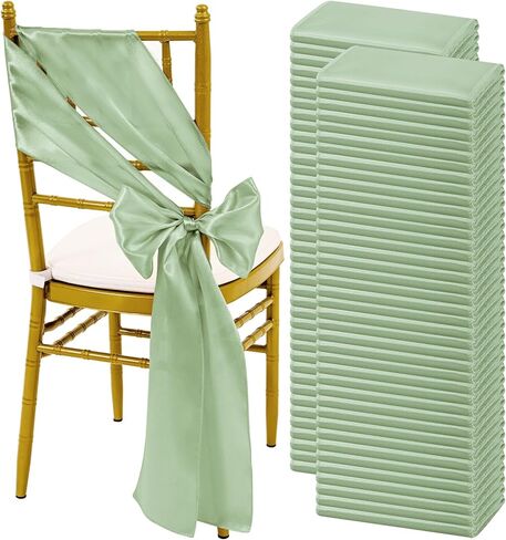60 PCS Sage Green Satin Chair Sashes, Ties Bows Designed Sashes for Washable Reusable Chair Covers Supplies for Wedding Reception Events Banquets Party Hotel Event Aisle Decorations (7 x 108 inch) in Kuwait