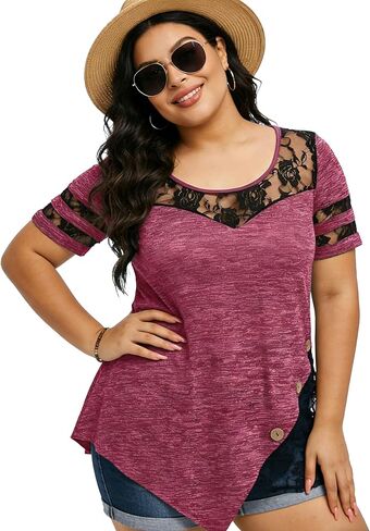 Nihsatin Womens Plus Size Lace Trimed Cowl Neck T-Shirt Front Ruched Cold Shoulder Blouse in Kuwait