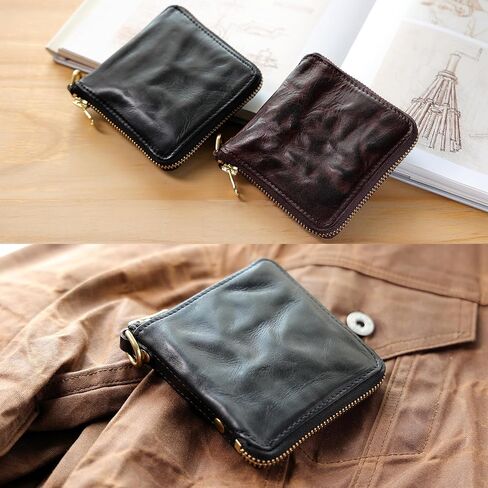 محفظة IJUN من الجلد المحبب بالكامل ثنائية الطي للرجال من الجلد الطبيعي بسحاب محفظة كلاسيكية من جلد البقر المدبوغ (أسود) in Kuwait