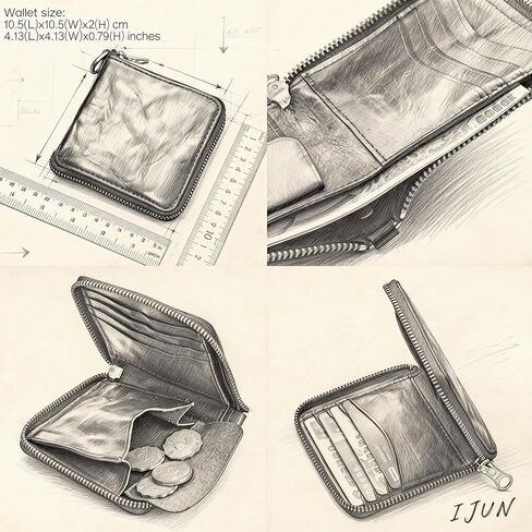 محفظة IJUN من الجلد المحبب بالكامل ثنائية الطي للرجال من الجلد الطبيعي بسحاب محفظة كلاسيكية من جلد البقر المدبوغ (أسود) in Kuwait