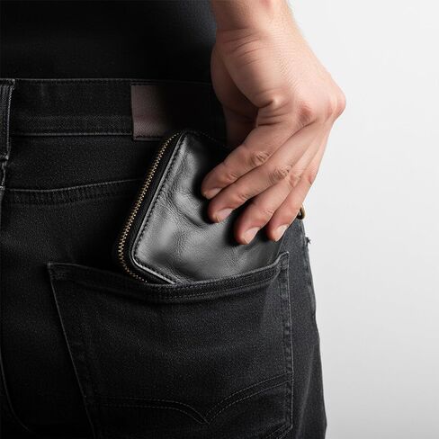 محفظة IJUN من الجلد المحبب بالكامل ثنائية الطي للرجال من الجلد الطبيعي بسحاب محفظة كلاسيكية من جلد البقر المدبوغ (أسود) in Kuwait