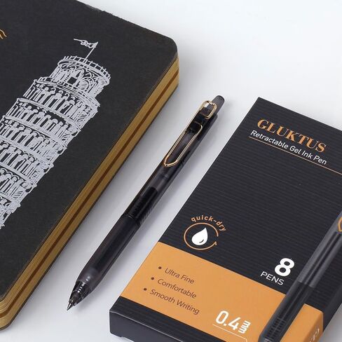 Gel Ink Rollerball Pens 0.4mm Fine Point Smooth Writing, Clear Black Barrels,Black Ink,Pack of 8 in Saudi Arabia