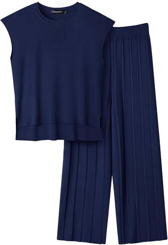 yoeasy Women's Knit Side Split Sleeveless Top And Elastic Waisted Wide Leg Pleated Pants Two Pieces Set in Saudi Arabia