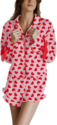 Thopavenoir النساء ربطة القوس فيونكة كم منامة مجموعة لعيد الحب الحرير الساتان 2 قطعة Pjs مجموعة الحب القلب قميص مطبوع السراويل in Kuwait