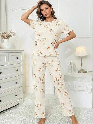 2 Piece Womens Floral Pajama Set, Sleepwear Loungewear Set, Printed Short Sleeve Crewneck Top and Long Pants in Saudi Arabia