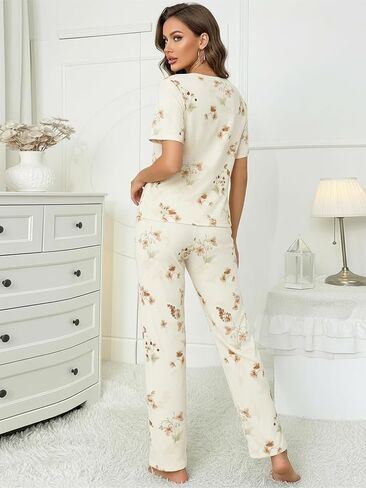 2 Piece Womens Floral Pajama Set, Sleepwear Loungewear Set, Printed Short Sleeve Crewneck Top and Long Pants in Saudi Arabia