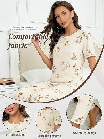 2 Piece Womens Floral Pajama Set, Sleepwear Loungewear Set, Printed Short Sleeve Crewneck Top and Long Pants in Saudi Arabia