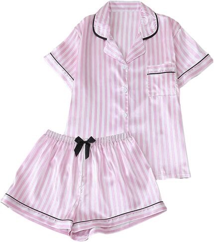 MakeMeChic Women's Satin Pajama Set Striped Button Down Shirt and Shorts 2 Piece Sleepwear in Saudi Arabia