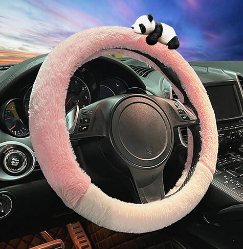 Dotesy Cute 3D Panda Auto غطاء عجلة القيادة، غطاء حماية عجلة قيادة السيارة بنمط الرسوم المتحركة الأنيق من القطيفة الناعمة المريحة الدافئة العالمية لـ 36.5-38 سم (أسود أبيض) in Kuwait