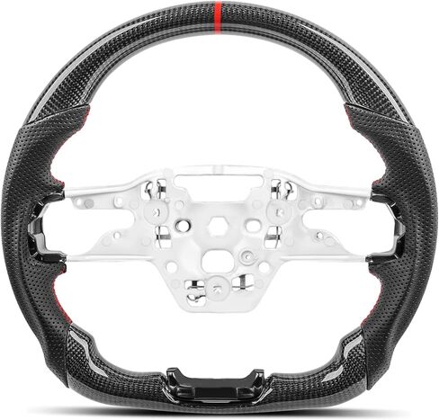 Real Carbon Fiber Steering Wheel for Ford Mustang 2024-2026 (S650) GT Dark Horse EcoBoost, Track Style Red Stitching & Stripe, Flat Bottom Sport Grip Replacement, Custom Interior Upgrade, No Heating in Kuwait