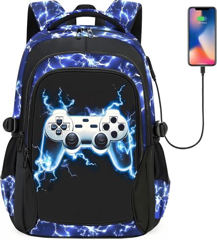 حقيبة ظهر مدرسية للأولاد - حقيبة ظهر للأولاد من Gamer Boys للمراهقين والمدرسة المتوسطة الابتدائية، حقيبة كتب كبيرة السعة مقاومة للماء مقاس 18 بوصة مع منفذ شحن USB، حقيبة يومية للسفر للأعمار من 6 إلى 18 عامًا in Kuwait