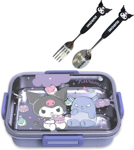 Roffatide Cartoon Cute Kuromi Printed All-in-One Bento Boxes with Spoon Fork Kawaii 4-Point Lock Type Lunch Box Containers for Food Fruit Snack, Kurom(spoon+fork), LYS25003 in Kuwait
