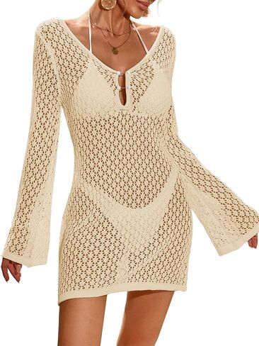 Womens Crochet Swimsuit Beach Cover Up 2026 Chic Pearl V Neck Mesh Knit Bathing Suit Swim Coverups Mini Dress in Kuwait