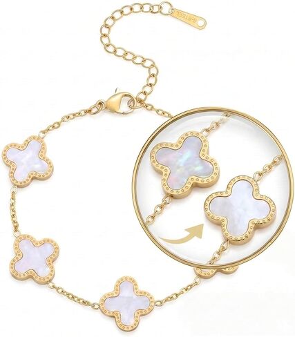 18K Gold Clover Lucky Bracelet for Women – Double-Sided Pearl Flower Charms, Reversible Design, Adjustable Trendy Jewelry Gift（White） in Saudi Arabia