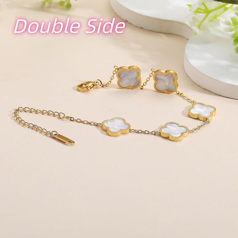 18K Gold Clover Lucky Bracelet for Women – Double-Sided Pearl Flower Charms, Reversible Design, Adjustable Trendy Jewelry Gift（White） in Saudi Arabia