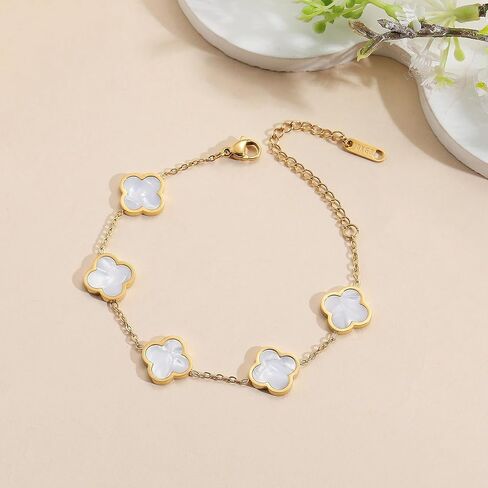 18K Gold Clover Lucky Bracelet for Women – Double-Sided Pearl Flower Charms, Reversible Design, Adjustable Trendy Jewelry Gift（White） in Saudi Arabia