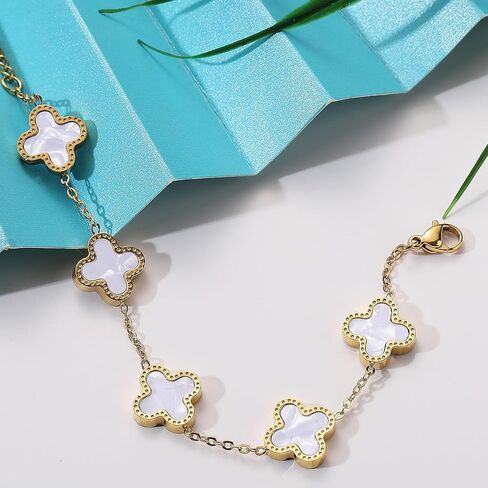 18K Gold Clover Lucky Bracelet for Women – Double-Sided Pearl Flower Charms, Reversible Design, Adjustable Trendy Jewelry Gift（White） in Saudi Arabia