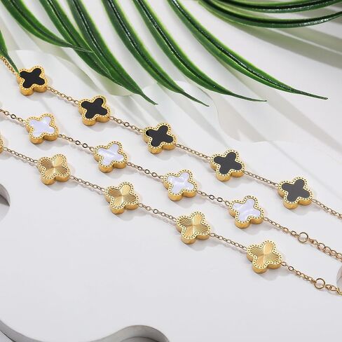18K Gold Clover Lucky Bracelet for Women – Double-Sided Pearl Flower Charms, Reversible Design, Adjustable Trendy Jewelry Gift（White） in Saudi Arabia
