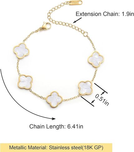 18K Gold Clover Lucky Bracelet for Women – Double-Sided Pearl Flower Charms, Reversible Design, Adjustable Trendy Jewelry Gift（White） in Saudi Arabia